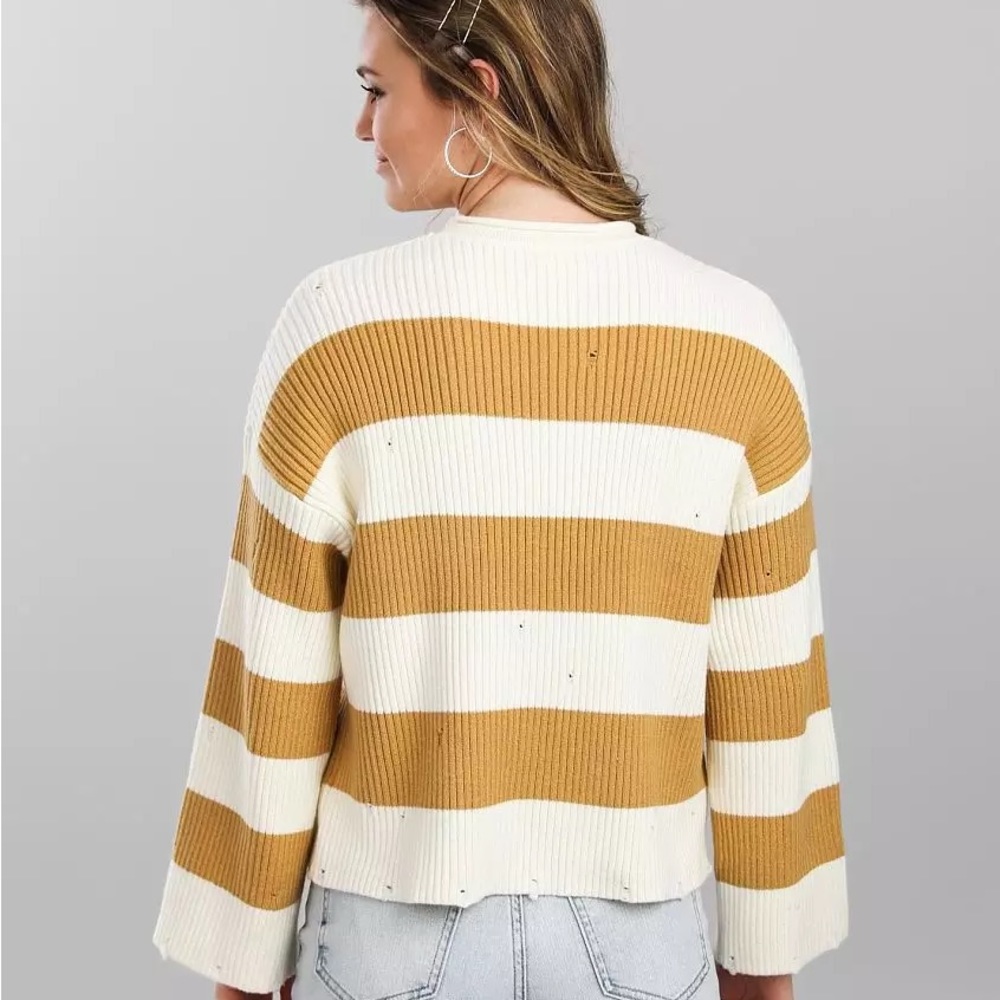BKE yellow striped knit distressed sweater NWOT Large - Picture 2 of 4